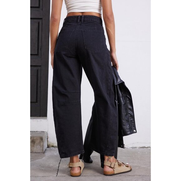 Women’s Baggy Wide Leg Mid Rise Cropped Denim Jeans with Pockets - Picture 2 of 7